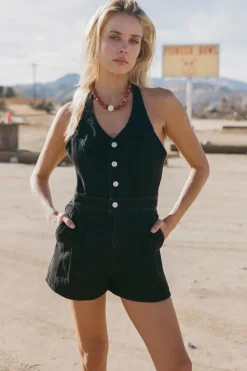 Women Rhythm Cassy Halter Denim Romper Vintage Black