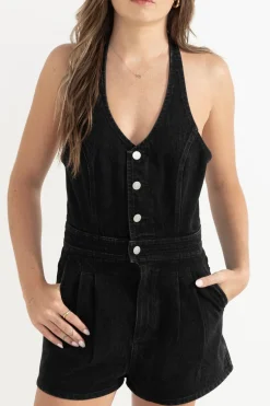 Women Rhythm Cassy Halter Denim Romper Vintage Black
