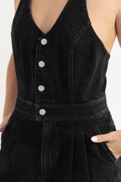 Women Rhythm Cassy Halter Denim Romper Vintage Black