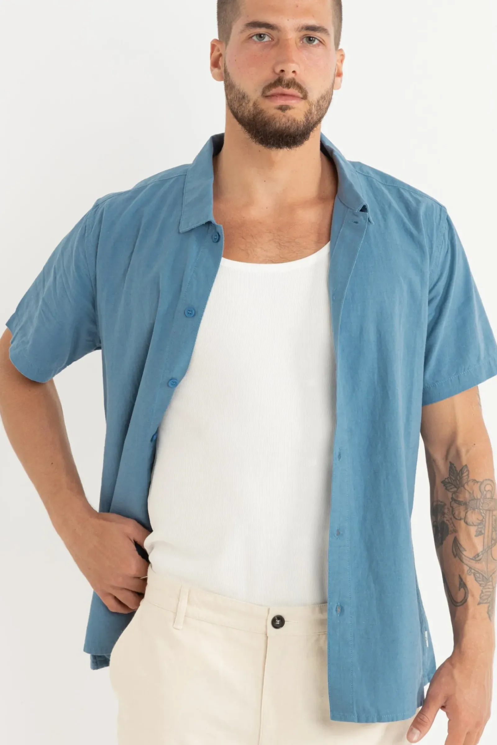 Rhythm Classic Linen Ss Shirt Mineral Blue