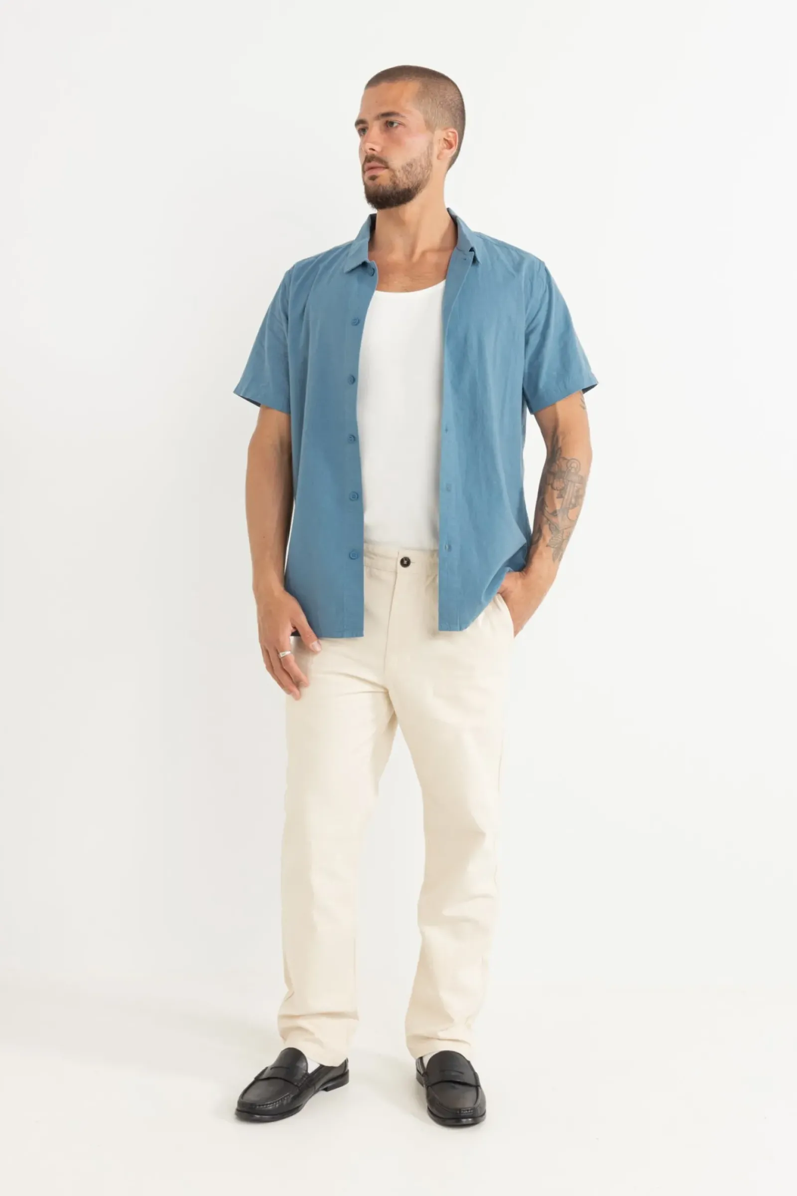 Rhythm Classic Linen Ss Shirt Mineral Blue