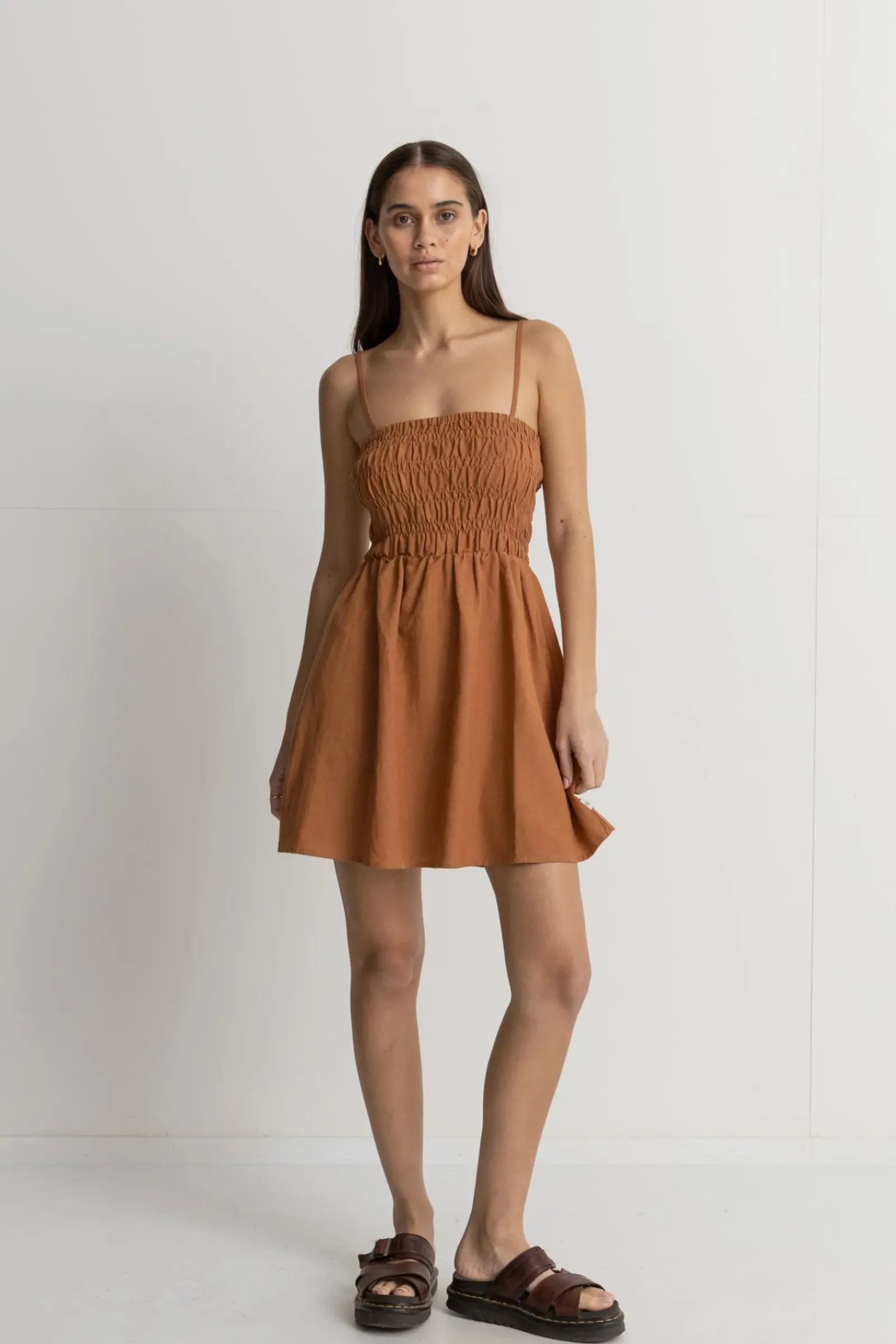 Women Rhythm Classic Shirred Mini Dress Caramel