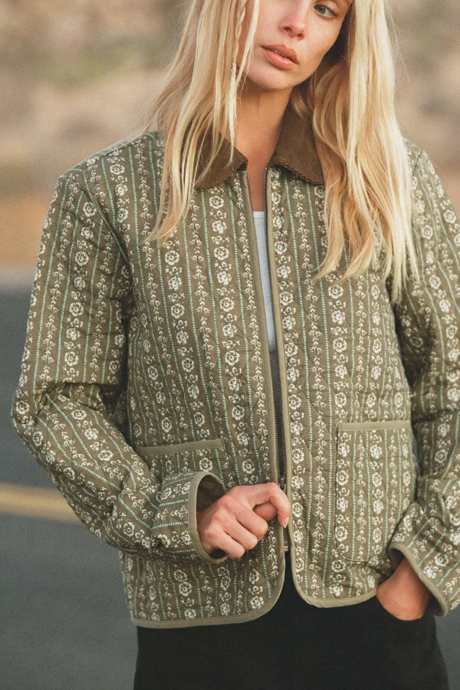 Women Rhythm Vintage Floral Quilted Jacket Dusty